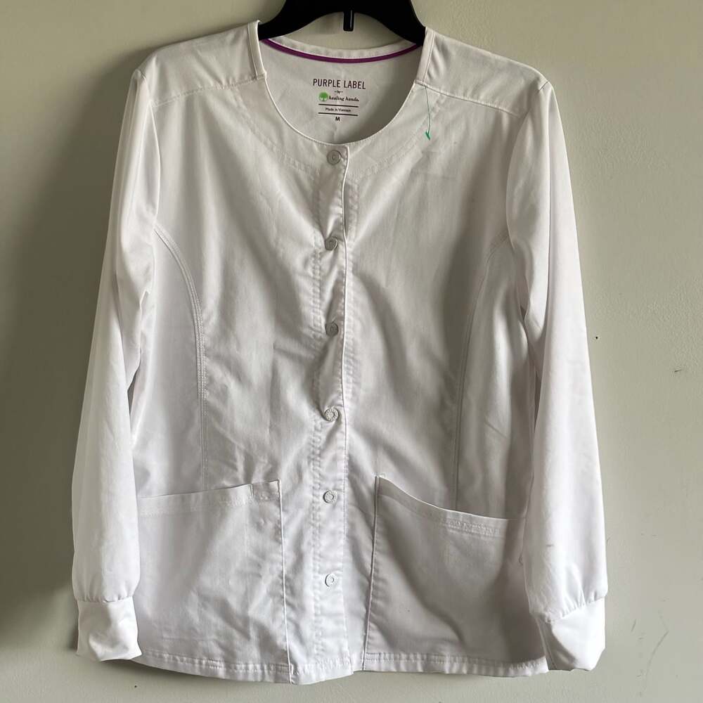 Healing Hands Womens Snap-up WHITE Scrub Jacket Purple Label 5063 Medium